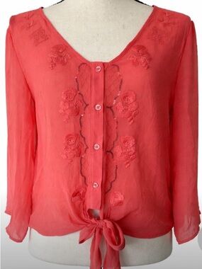 Coral Embroidered Boho Sequin Blouse Sheer Floral Festival Top Large Western Y2K